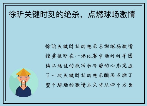 徐昕关键时刻的绝杀，点燃球场激情